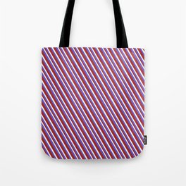 [ Thumbnail: Slate Blue, Brown & Mint Cream Colored Lines/Stripes Pattern Tote Bag ]