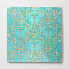 Teal Damask with Yellow Overlay Boho Metal Print | Lacelook, Turquoise, Victorian, Blue, Digital, Yellow, Design, Teal, Boho, Stylish 