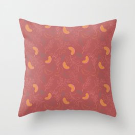 Corallo Peaches and leafs on a coral background  Throw Pillow