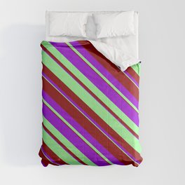 [ Thumbnail: Green, Dark Red & Dark Violet Colored Lined/Striped Pattern Comforter ]