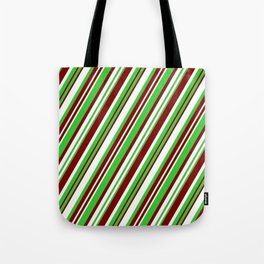[ Thumbnail: Maroon, White, and Lime Green Colored Striped/Lined Pattern Tote Bag ]