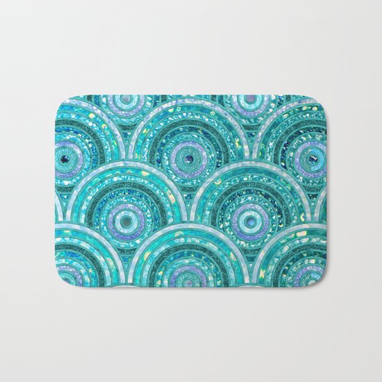 Aqua Blue Silver and Green Sparkling Glitter Circles Bath Mat