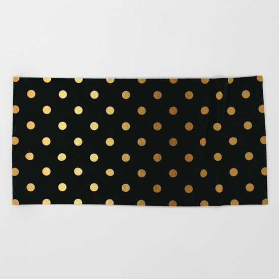Gold polkadots on black pattern Beach Towel