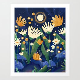 Full Moon Art Print | Flowers, Digital, Illustration, Night, Moon, Flower, Whimsical, Magical, Inspired, Boho 