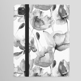 Black and White Watercolor Tulip and Poppy Floral Pattern iPad Folio Case