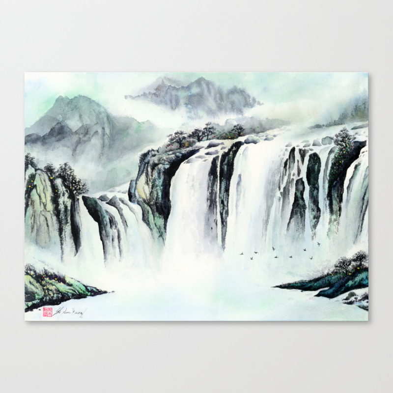 Quite And Peace Waterfalls Landscape Watercolor Painting By