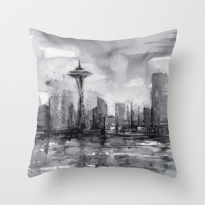 Seattle Skyline Painting Watercolor Black and White Space Needle Throw Pillow