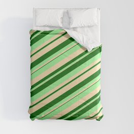[ Thumbnail: Dark Green, Green, and Beige Colored Stripes Pattern Comforter ]