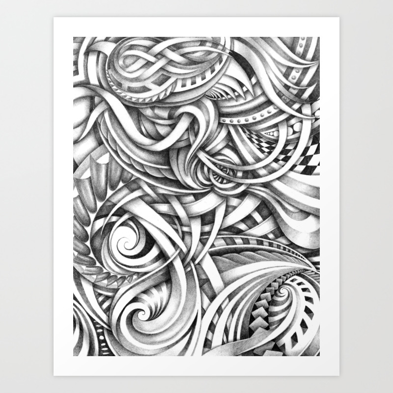 Escher Like Abstract Hand Drawn Graphite Gray Depth Art Print By