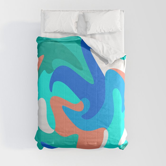 MCM Abstract Waves // Coral, Turquoise, Teal, Cobalt Blue, Denim, White Comforter