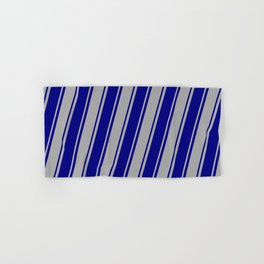 [ Thumbnail: Dark Grey and Blue Colored Pattern of Stripes Hand & Bath Towel ]