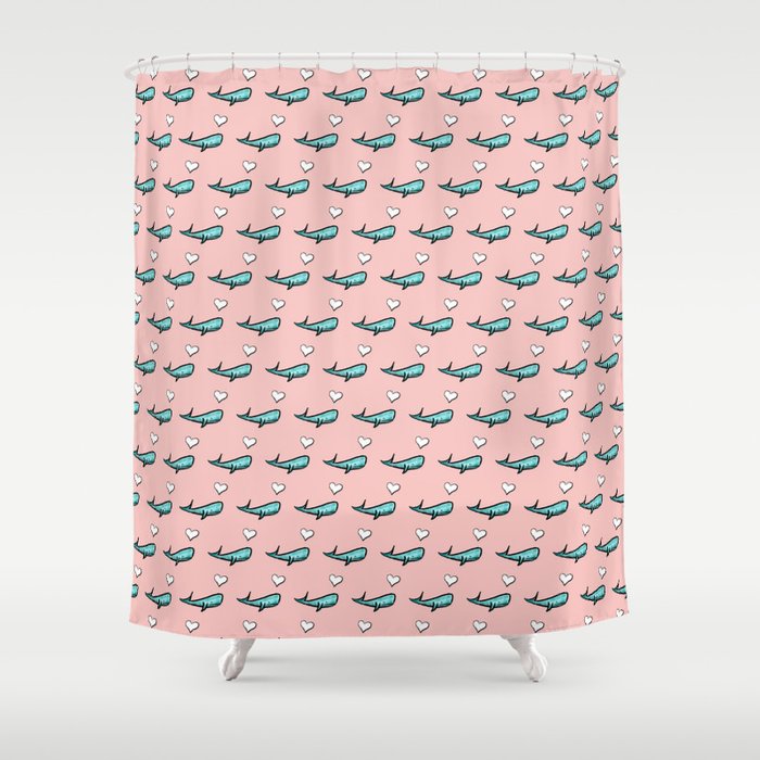 Smiling whale gossamer pink Shower Curtain