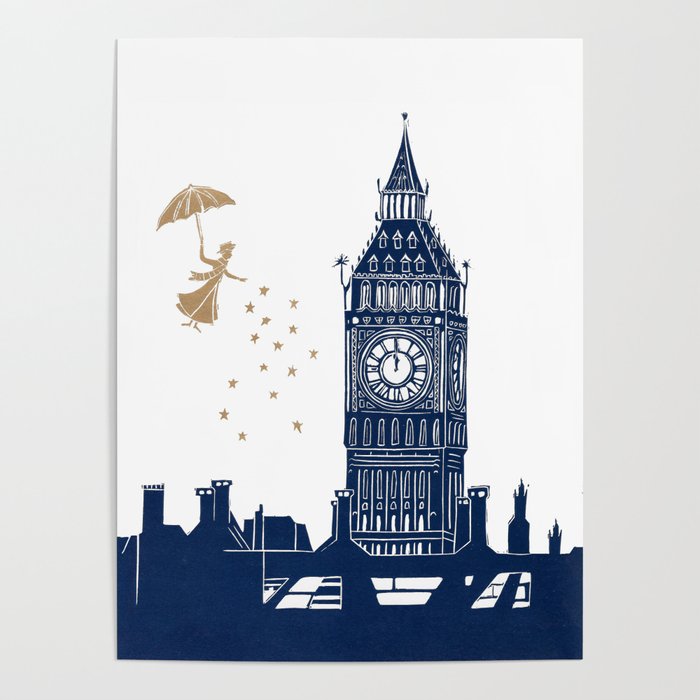 Mary Poppins and Big Ben linocut Poster