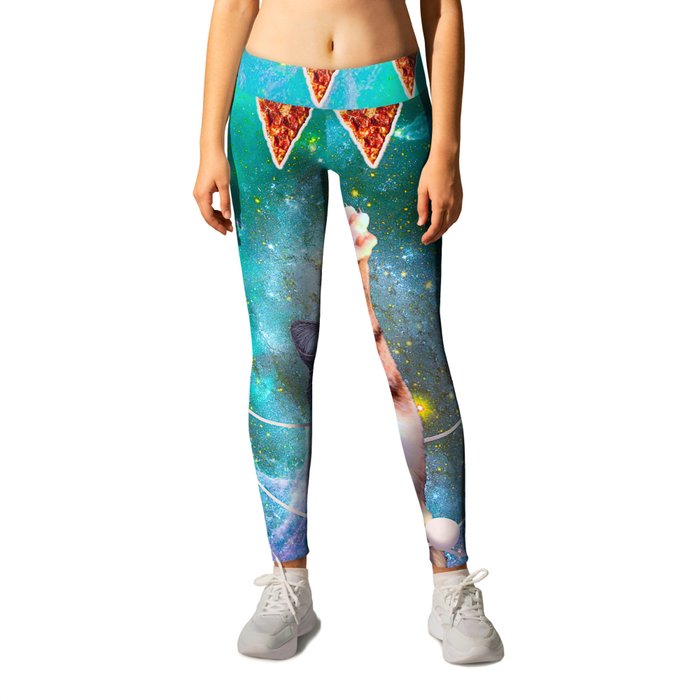 Space Galaxy Cat Eating Pizza Leggings