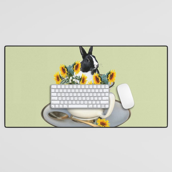 Rabbit with coffee cup and sunflowers Desk Mat