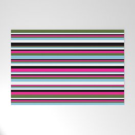 [ Thumbnail: Vibrant Deep Pink, Dark Olive Green, Sky Blue, White, and Black Colored Lined/Striped Pattern Welcome Mat ]