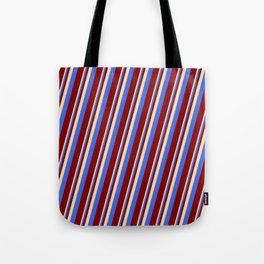 [ Thumbnail: Tan, Royal Blue, and Maroon Colored Lines Pattern Tote Bag ]
