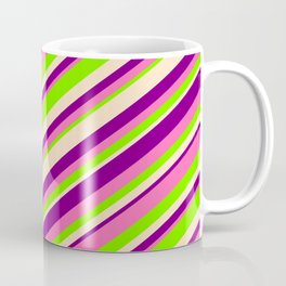 [ Thumbnail: Purple, Hot Pink, Green & Bisque Colored Lined Pattern Coffee Mug ]
