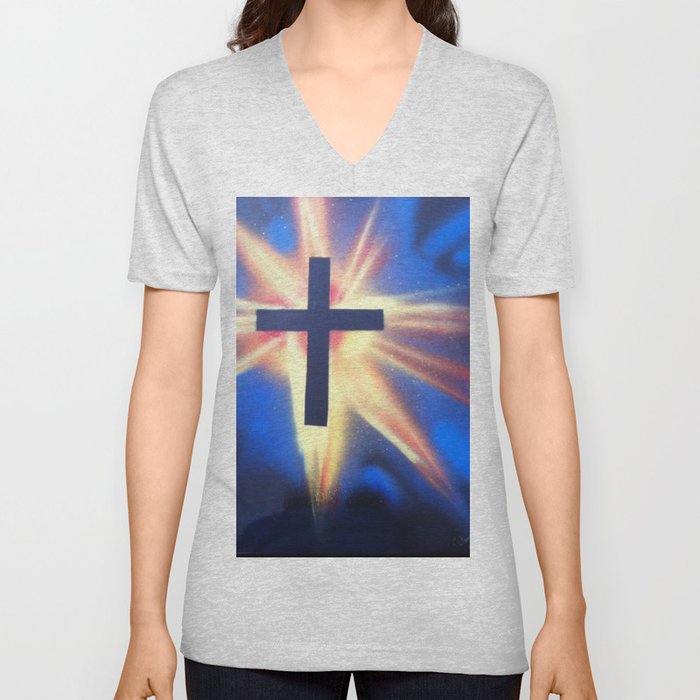 Glowing Space Cross V Neck T Shirt