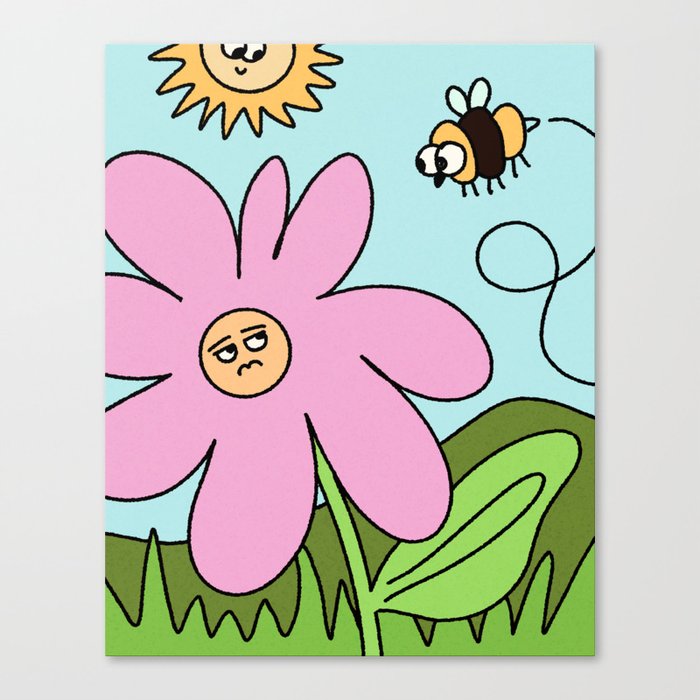 Cute flower and Bee Funny Landscape Cartoon Canvas Print