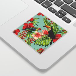 tropic bird toucan multicolor parrot background exotic flower hibiscus palm leaf summer floral plant nature animals wallpaper pattern Sticker