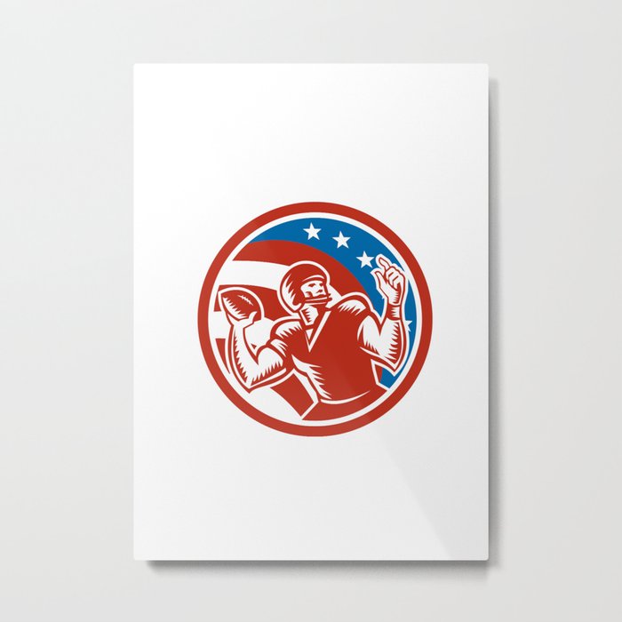 American Football QB Throwing USA Flag Retro Metal Print