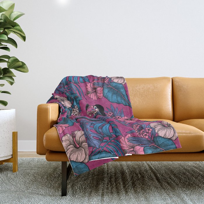 Toucan garden in violet and blue Throw Blanket