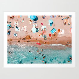 Beach Umbrellas Print, Ocean Sea Beach People Print, Aerial Beach Summer Art Print, Aerial Photography, Summer Vibes Coastal Art Art Print