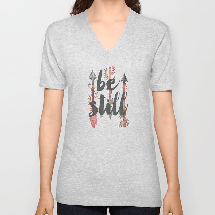 Be Still with Watercolor Feather Arrows V Neck T Shirt