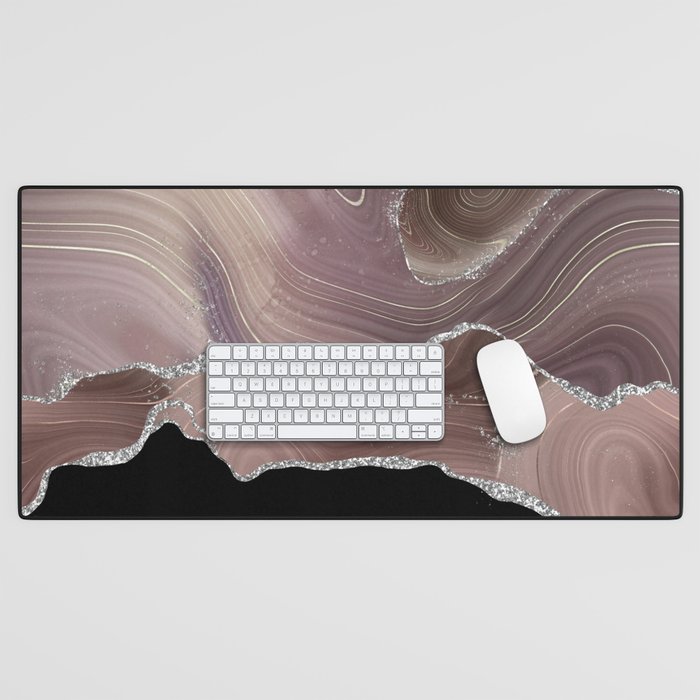 Taupe & Silver Glitter Agate Texture 04 Desk Mat