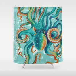 Teal Octopus On Light Teal Vintage Map Shower Curtain