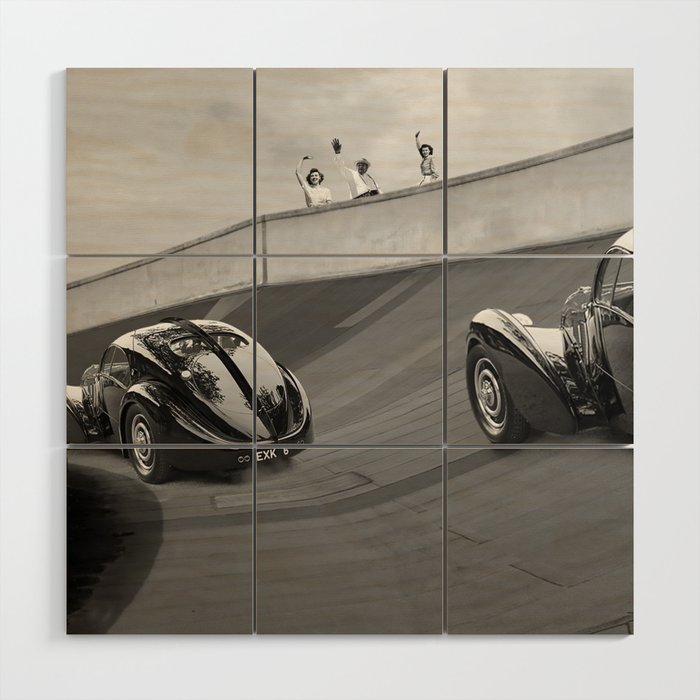 Vintage Italian race car test track with antique Bugatti's racing black and white photograph / photography   Wood Wall Art