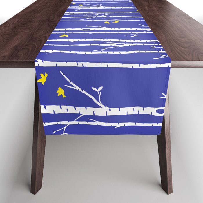 Birch trees with yellow birds Table Runner
