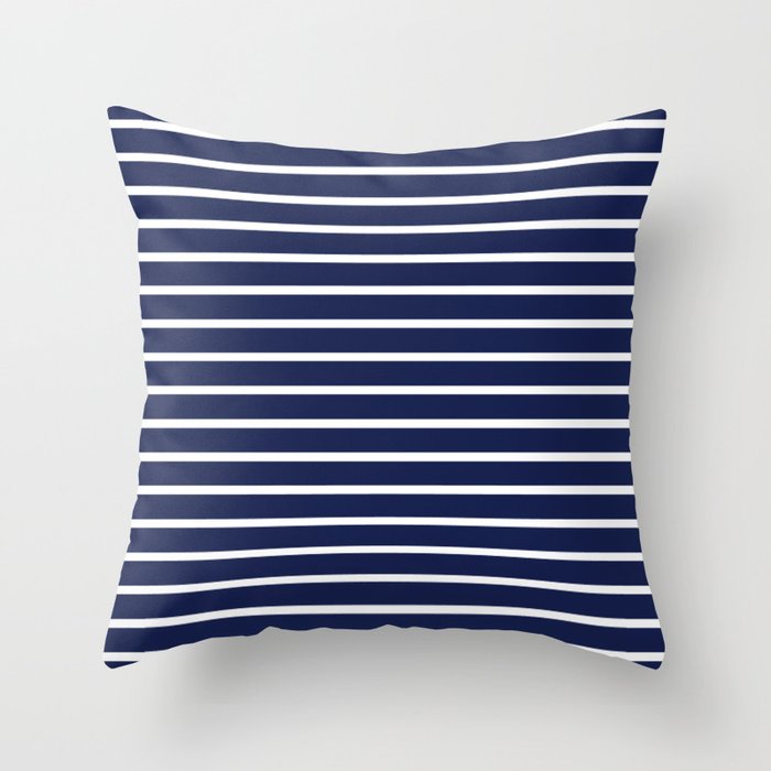 Navy Blue and White Horizontal Stripes Pattern Throw Pillow