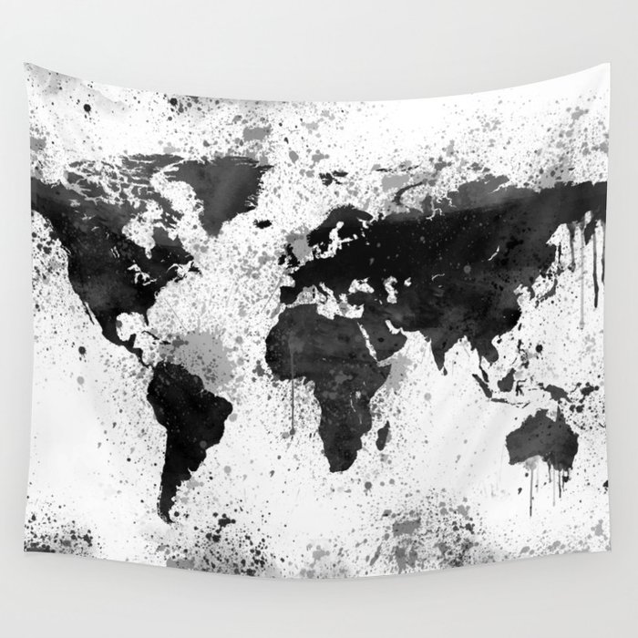 Black And White Watercolor World Map Wall Tapestry By