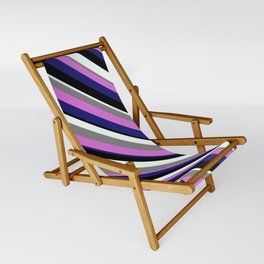 [ Thumbnail: Eye-catching Gray, Orchid, Midnight Blue, Black, and Mint Cream Colored Stripes/Lines Pattern Sling Chair ]