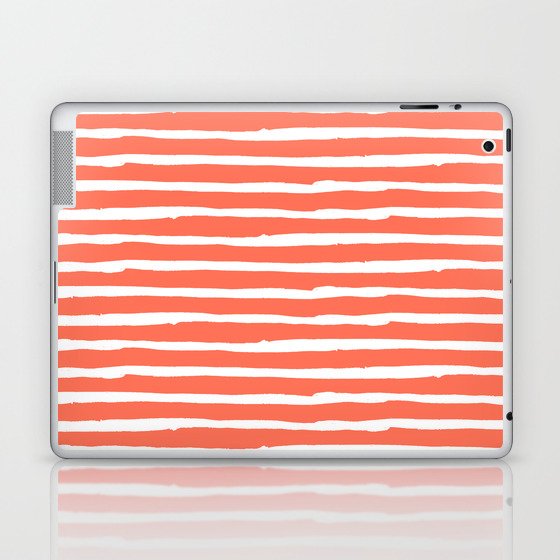 Thin Stripes White on Deep Coral Laptop & iPad Skin