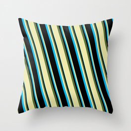 [ Thumbnail: Dark Olive Green, Pale Goldenrod, Deep Sky Blue, and Black Colored Pattern of Stripes Throw Pillow ]