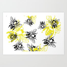 Black and Yellow Buzzing Bees Pattern Bugs Insects Theme Art Print
