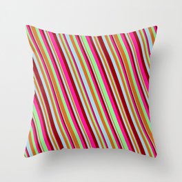 [ Thumbnail: Eye-catching Deep Pink, Light Green, Chocolate, Light Blue & Dark Red Colored Lines/Stripes Pattern Throw Pillow ]