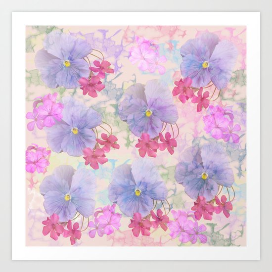 Painterly purple pansies and pink Oxalis Art Print