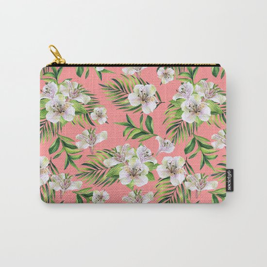 White flowers on a pink background Carry-All Pouch