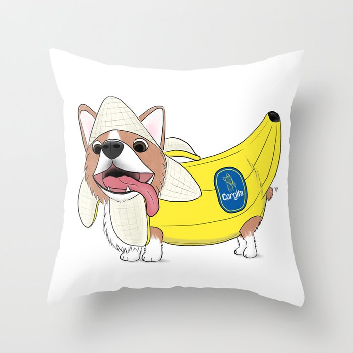 Banana Corgi Throw Pillow