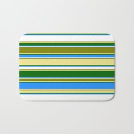 [ Thumbnail: Eyecatching Green, Tan, Dark Green, Blue, and White Colored Lines Pattern Bath Mat ]