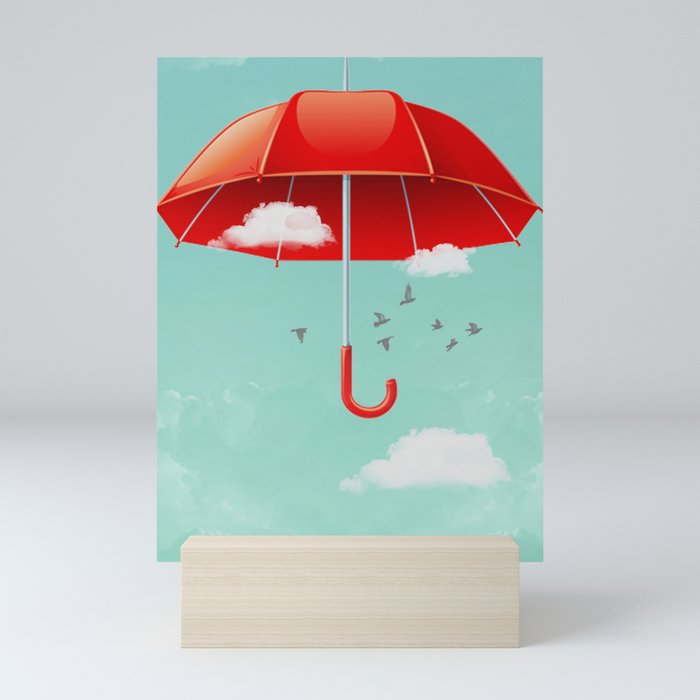 Teal Sky Red Umbrella Mini Art Print