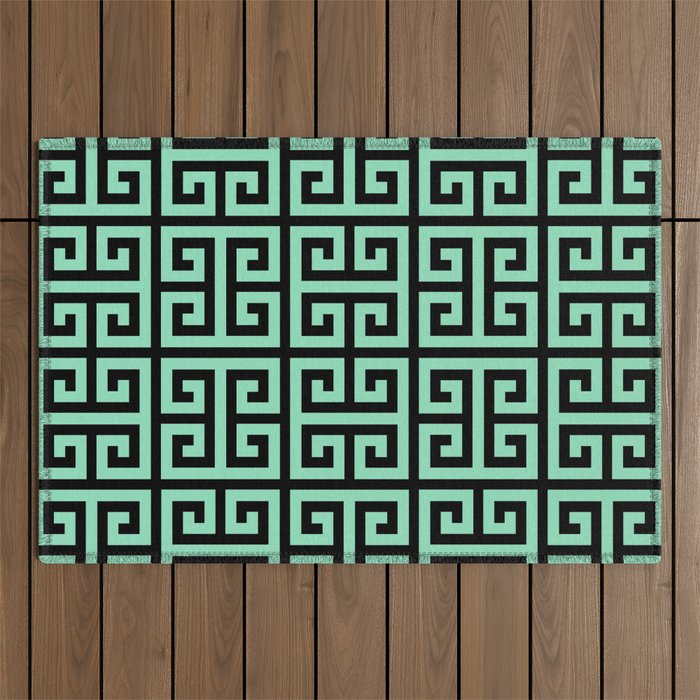 Greek Key (Black & Mint Pattern) Outdoor Rug