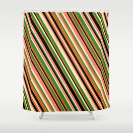 [ Thumbnail: Eye-catching Salmon, Beige, Forest Green, Chocolate, and Black Colored Lines/Stripes Pattern Shower Curtain ]