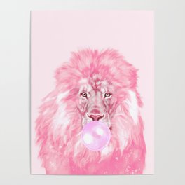Lion Chewing Bubble Gum in Pink Poster