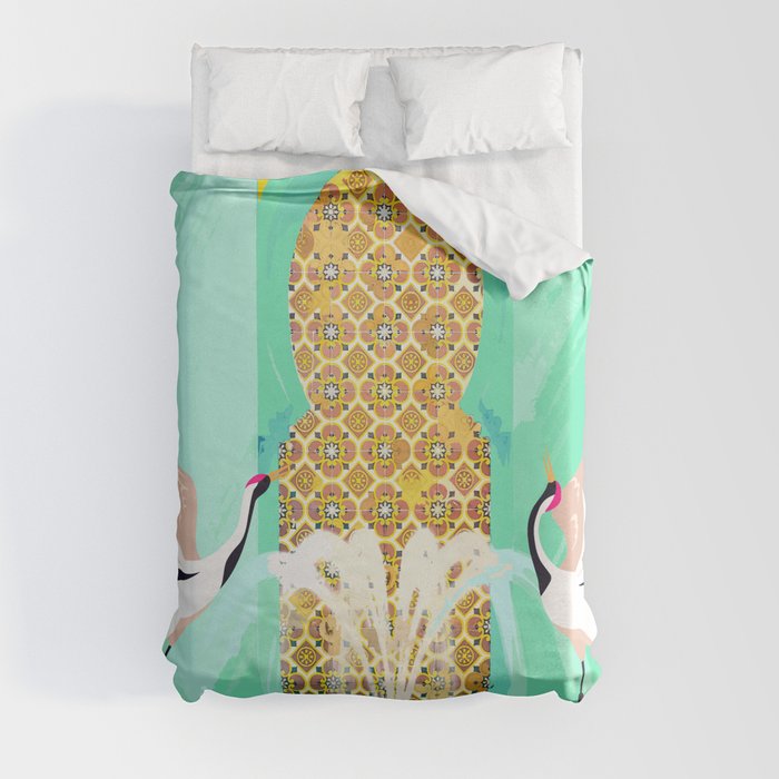 Moroccan Courtyard | Heron Animal Wildlife & Ethnic Vintage Architecture | Royal Fountain Palace Duvet Cover