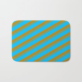 [ Thumbnail: Dark Goldenrod and Deep Sky Blue Colored Striped/Lined Pattern Bath Mat ]